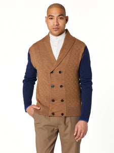 Maceo Double Breasted Cardigan in Navy Camel Contrast - June79NYC